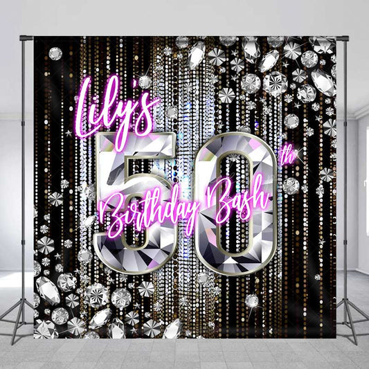 Lofaris Custom 50th Birthday Bash Backdrop for Her Glamorous Pink Neon and Diamonds Fabulous Fifty Party Photo Prop