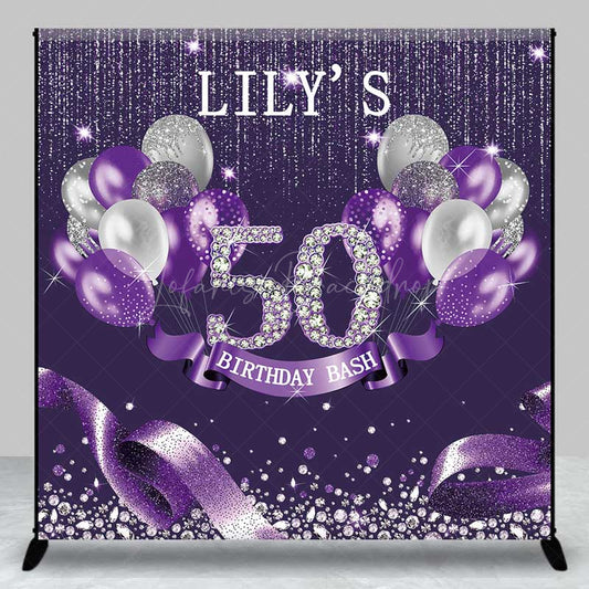 Lofaris Custom 50th Birthday Bash Backdrop for Her Purple and Silver Glitter Balloons Fabulous Fifty Diamond Party Prop