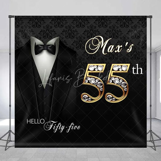 Lofaris Custom 55th Birthday Backdrop Black Tuxedo and Bow Tie with Gold Diamond Numbers Party Background