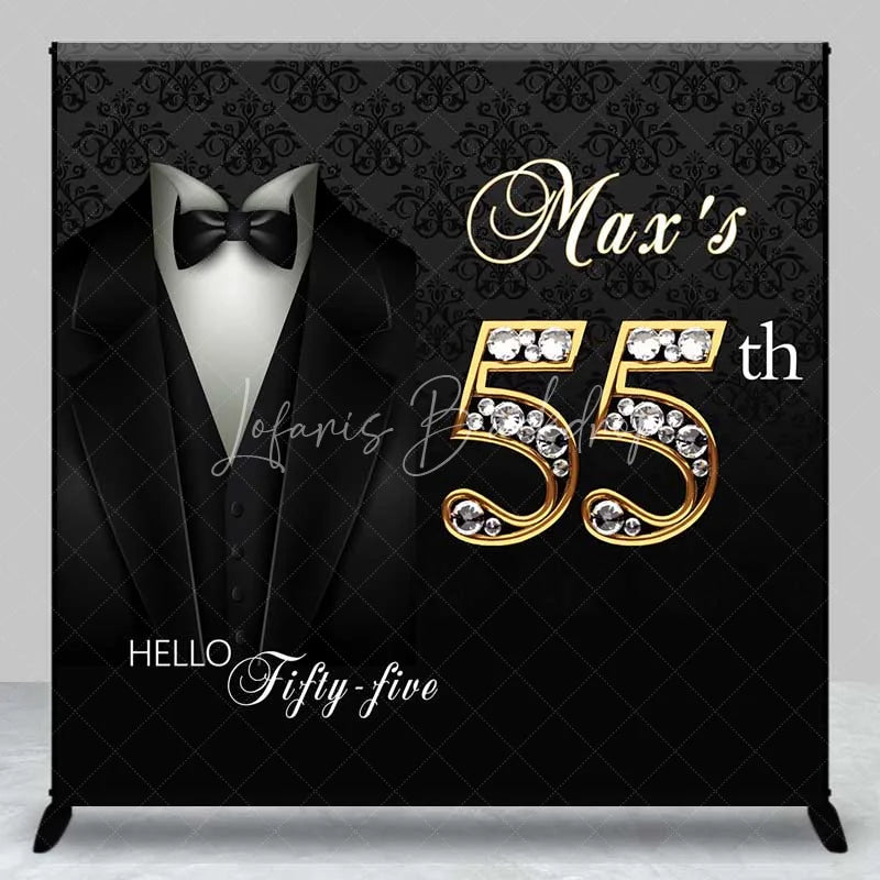 Lofaris Custom 55th Birthday Backdrop Black Tuxedo and Bow Tie with Gold Diamond Numbers Party Background