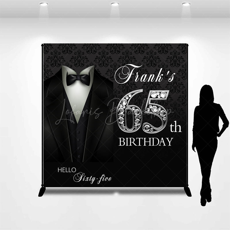 Lofaris Custom 65th Birthday Backdrop for Him Black Tie Tuxedo and Diamonds Theme Elegant Milestone Party Photo Prop