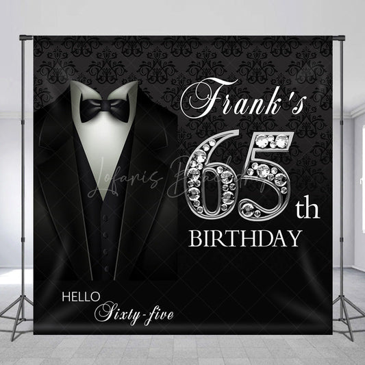 Lofaris Custom 65th Birthday Backdrop for Him Black Tie Tuxedo and Diamonds Theme Elegant Milestone Party Photo Prop