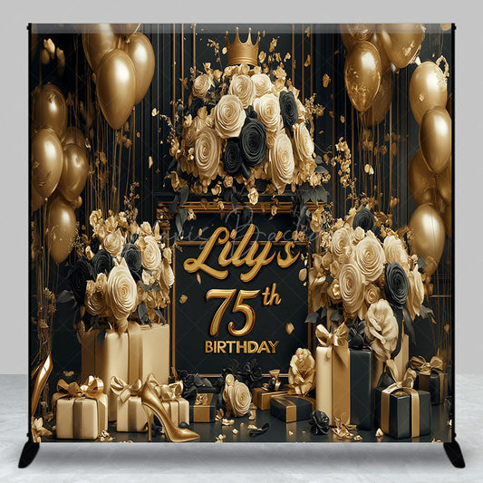 Lofaris Custom 75th Birthday Backdrop for Her Black and Gold Balloons with Roses Elegant Milestone Party Photo Prop