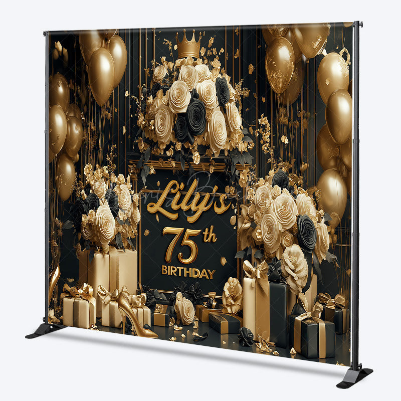 Lofaris Custom 75th Birthday Backdrop for Her Black and Gold Balloons with Roses Elegant Milestone Party Photo Prop