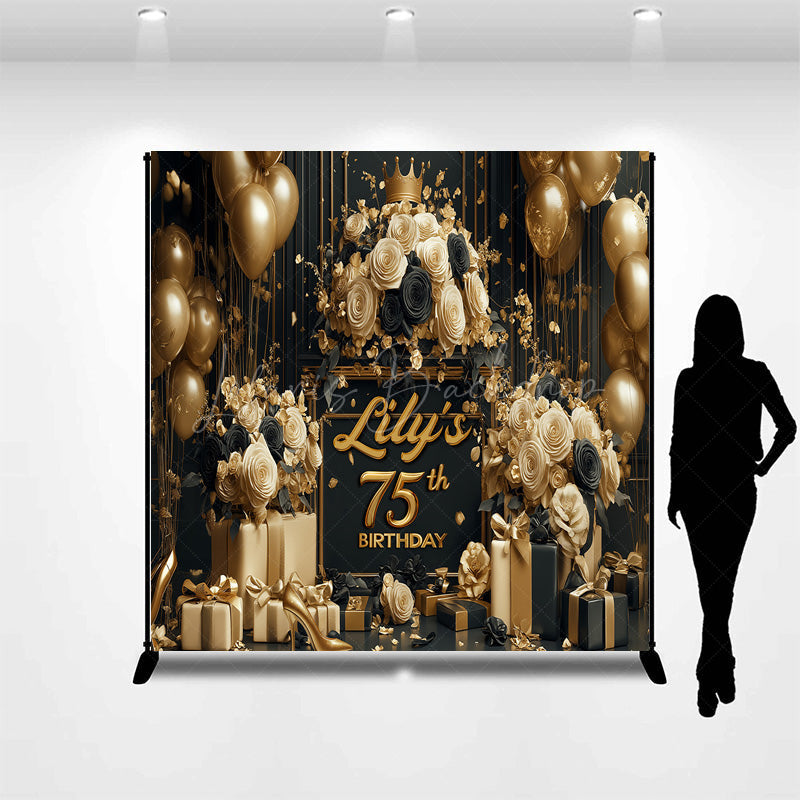 Lofaris Custom 75th Birthday Backdrop for Her Black and Gold Balloons with Roses Elegant Milestone Party Photo Prop