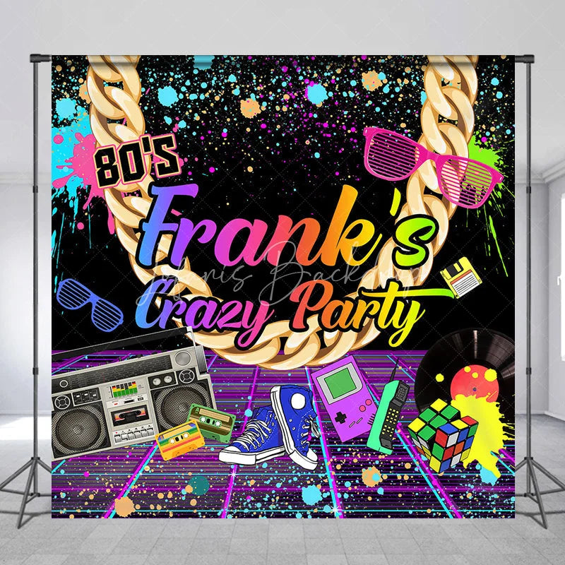 Lofaris Custom 80s Retro Neon Graffiti Party Backdrop with Gold Chain and Boombox Vibrant Birthday Decor