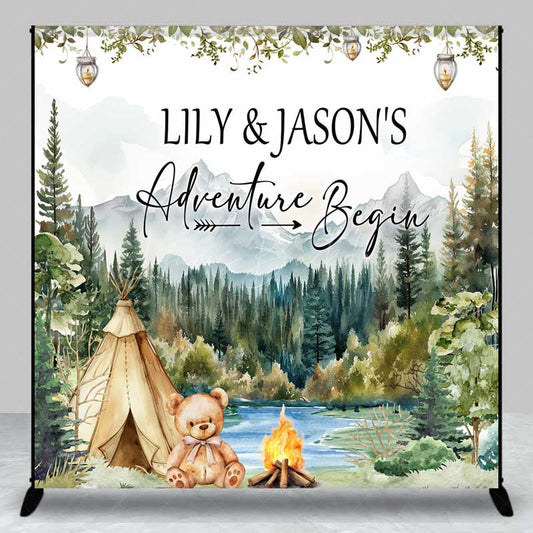Lofaris Custom Adventure Begins Baby Shower Backdrop Woodland Mountain and Teepee Personalized Camping Theme Welcome Sign