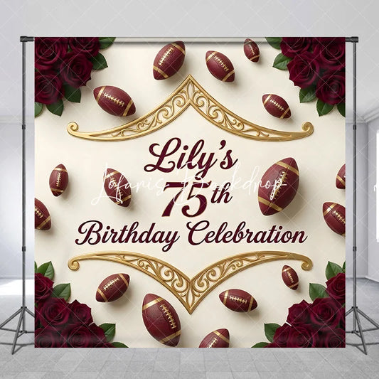 Lofaris Custom American Football and Red Rose 75th Birthday Celebration Backdrop Personalized Gold Scrollwork Party Decor