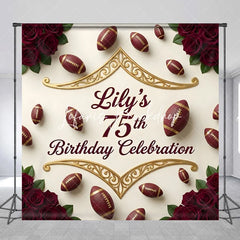Lofaris Custom American Football and Red Rose 75th Birthday Celebration Backdrop Personalized Gold Scrollwork Party Decor