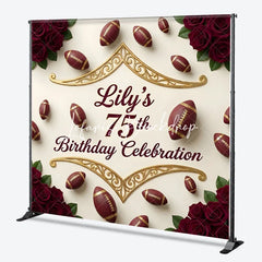 Lofaris Custom American Football and Red Rose 75th Birthday Celebration Backdrop Personalized Gold Scrollwork Party Decor