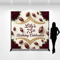 Lofaris Custom American Football and Red Rose 75th Birthday Celebration Backdrop Personalized Gold Scrollwork Party Decor
