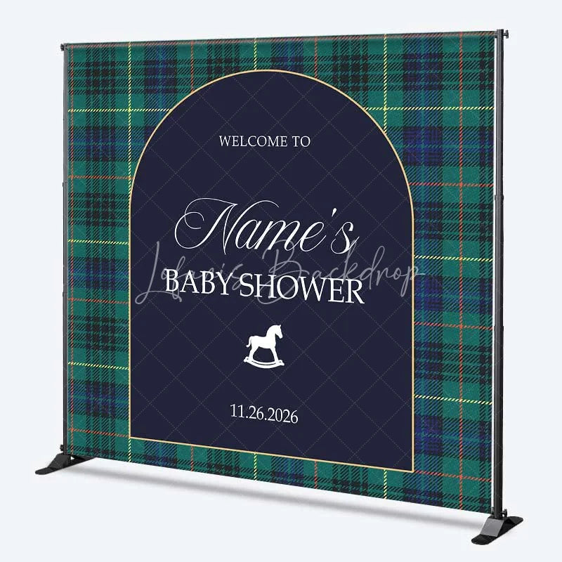 Lofaris Custom Arch Backdrop Green Plaid Rocking Horse Personalize Name Tartan Baby Shower Cover Winter Holiday Party Decor