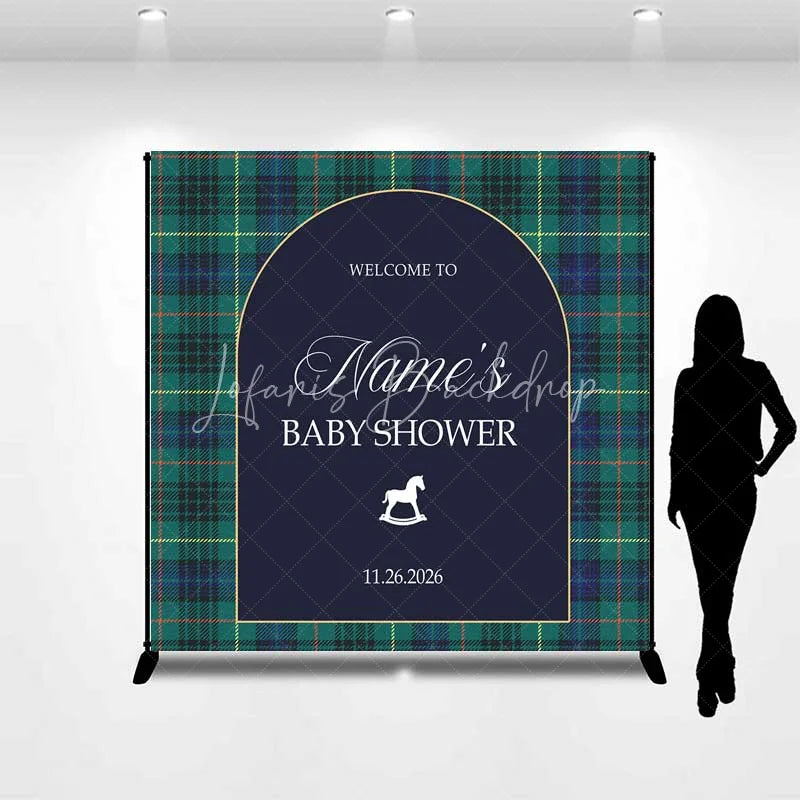 Lofaris Custom Arch Backdrop Green Plaid Rocking Horse Personalize Name Tartan Baby Shower Cover Winter Holiday Party Decor