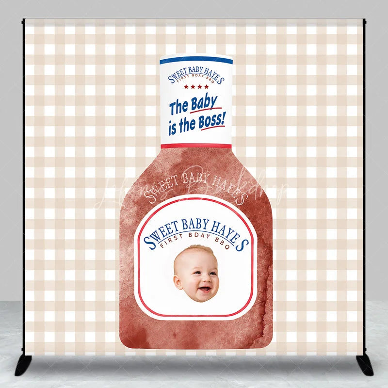 Lofaris Custom Baby’s First Birthday BBQ Sauce Bottle Backdrop featuring a Smiling Baby Face and The is Boss Slogan