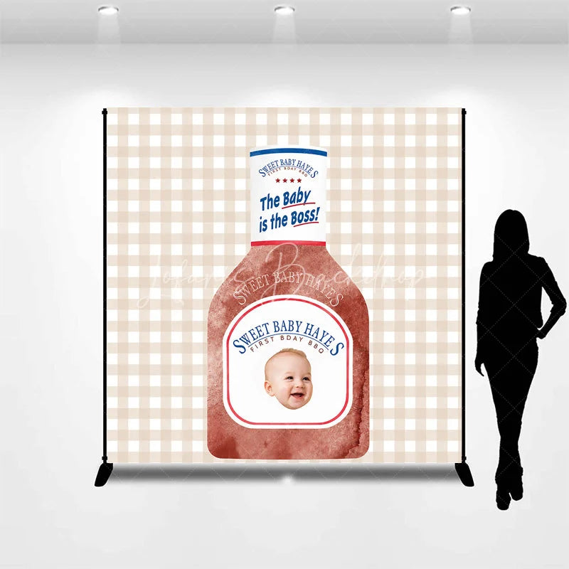 Lofaris Custom Baby’s First Birthday BBQ Sauce Bottle Backdrop featuring a Smiling Baby Face and The is Boss Slogan
