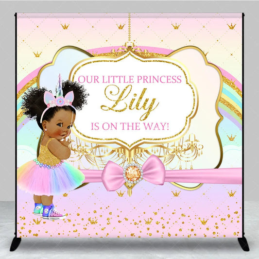 Lofaris Custom Baby Shower Backdrop African American Princess Unicorn Rainbow Gold Glitter
