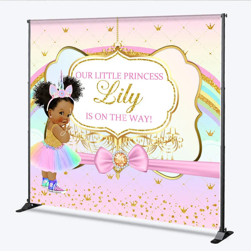 Lofaris Custom Baby Shower Backdrop African American Princess Unicorn Rainbow Gold Glitter