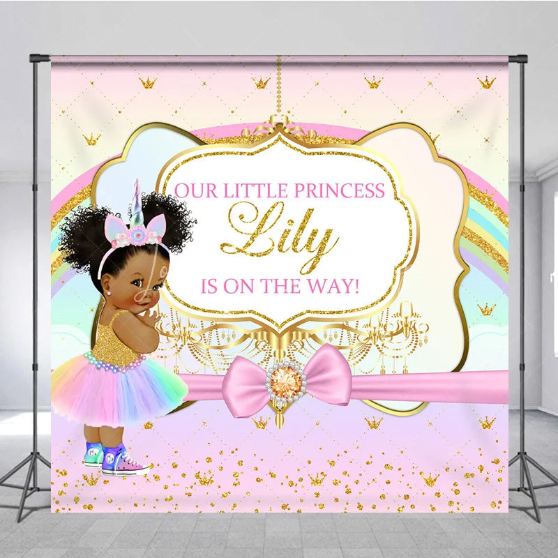 Lofaris Custom Baby Shower Backdrop African American Princess Unicorn Rainbow Gold Glitter
