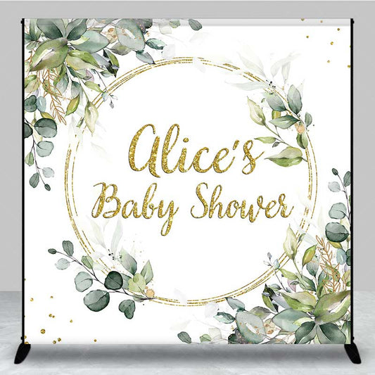 Lofaris Custom Baby Shower Backdrop Elegant Gold Glitter and Greenery Wreath Personalized Eucalyptus Leaves Welcome Sign
