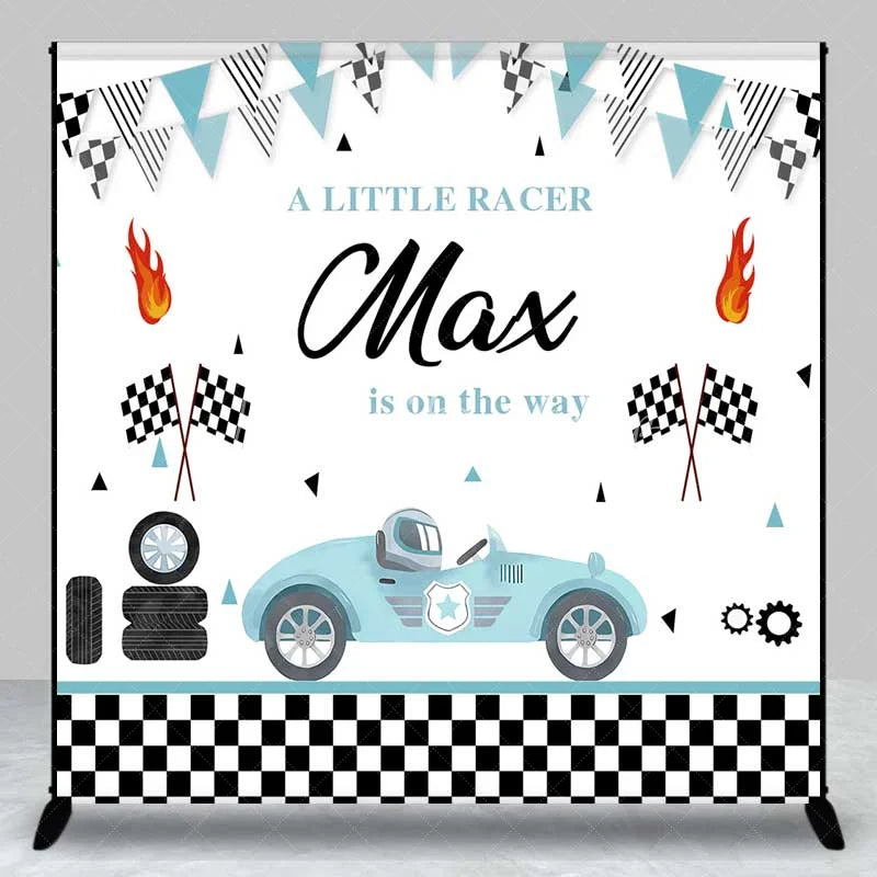 Lofaris Custom Baby Shower Backdrop Little Racer Blue Car Checkered Flag Decoration