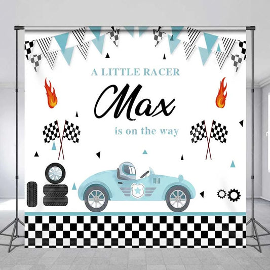 Lofaris Custom Baby Shower Backdrop Little Racer Blue Car Checkered Flag Decoration