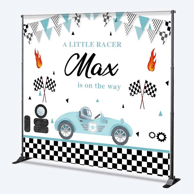 Lofaris Custom Baby Shower Backdrop Little Racer Blue Car Checkered Flag Decoration