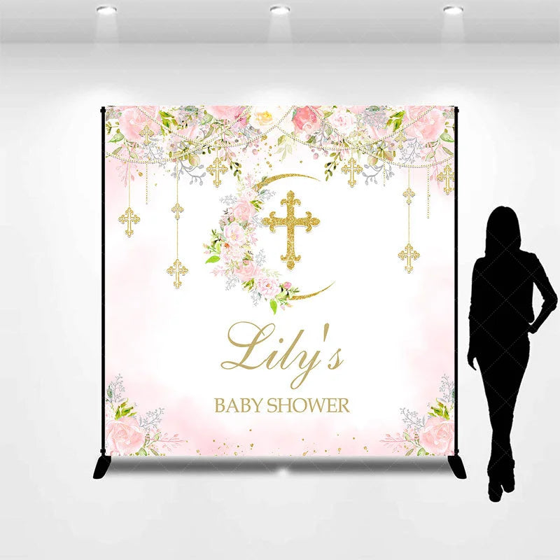 Lofaris Custom Baby Shower Backdrop with Golden Glitter Cross Floral Pink Roses and Crescent Moon Design for Baby’s Celebration