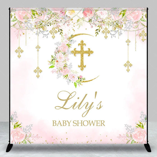 Lofaris Custom Baby Shower Backdrop with Golden Glitter Cross Floral Pink Roses and Crescent Moon Design for Baby’s Celebration
