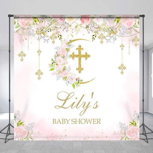 Lofaris Custom Baby Shower Backdrop with Golden Glitter Cross Floral Pink Roses and Crescent Moon Design for Baby’s Celebration