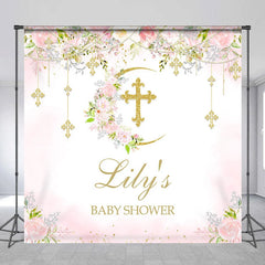 Lofaris Custom Baby Shower Backdrop with Golden Glitter Cross Floral Pink Roses and Crescent Moon Design for Baby’s Celebration