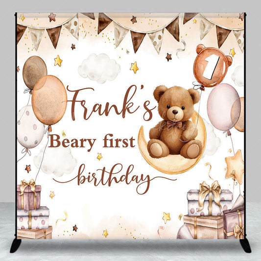 Lofaris Custom Beary First Birthday Backdrop Boho Teddy Bear on Moon with Balloons Personalized Boys Party Photo Prop