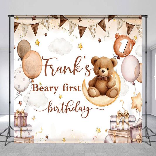 Lofaris Custom Beary First Birthday Backdrop Boho Teddy Bear on Moon with Balloons Personalized Boys Party Photo Prop