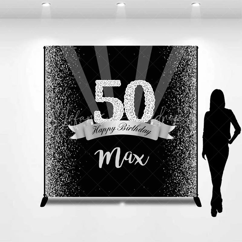 Lofaris Custom Birthday Backdrop 50th Silver Glitter Personalize Name Black Shine Beams Background Adult Party Prop