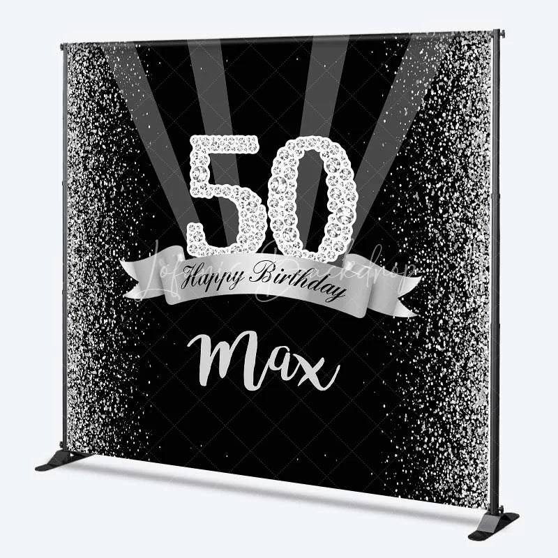 Lofaris Custom Birthday Backdrop 50th Silver Glitter Personalize Name Black Shine Beams Background Adult Party Prop