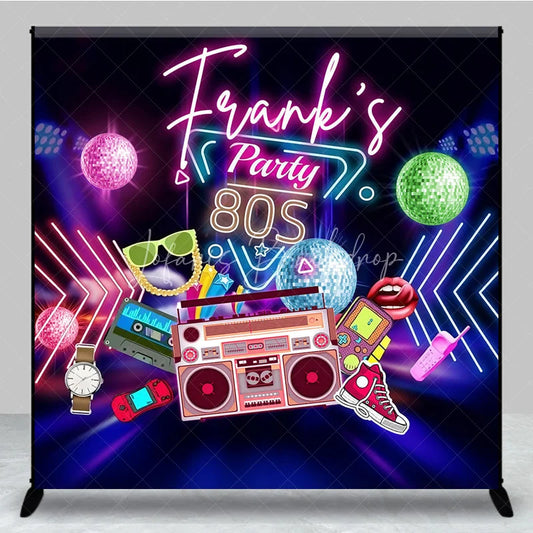 Lofaris Custom Birthday Backdrop 80s Retro Theme Neon Glow Disco Ball Boombox Party Supply