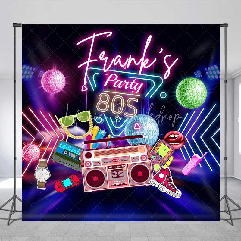 Lofaris Custom Birthday Backdrop 80s Retro Theme Neon Glow Disco Ball Boombox Party Supply