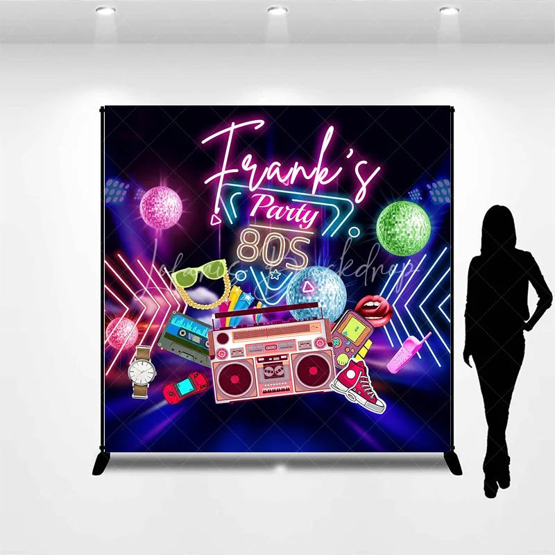 Lofaris Custom Birthday Backdrop 80s Retro Theme Neon Glow Disco Ball Boombox Party Supply