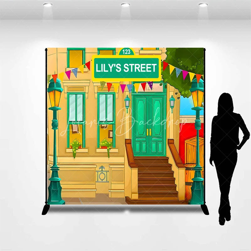 Lofaris Custom Birthday Backdrop Cartoon City Street Brownstone Building Green Sign Kids Prop