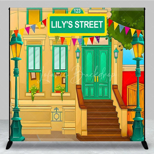 Lofaris Custom Birthday Backdrop Cartoon City Street Brownstone Building Green Sign Kids Prop
