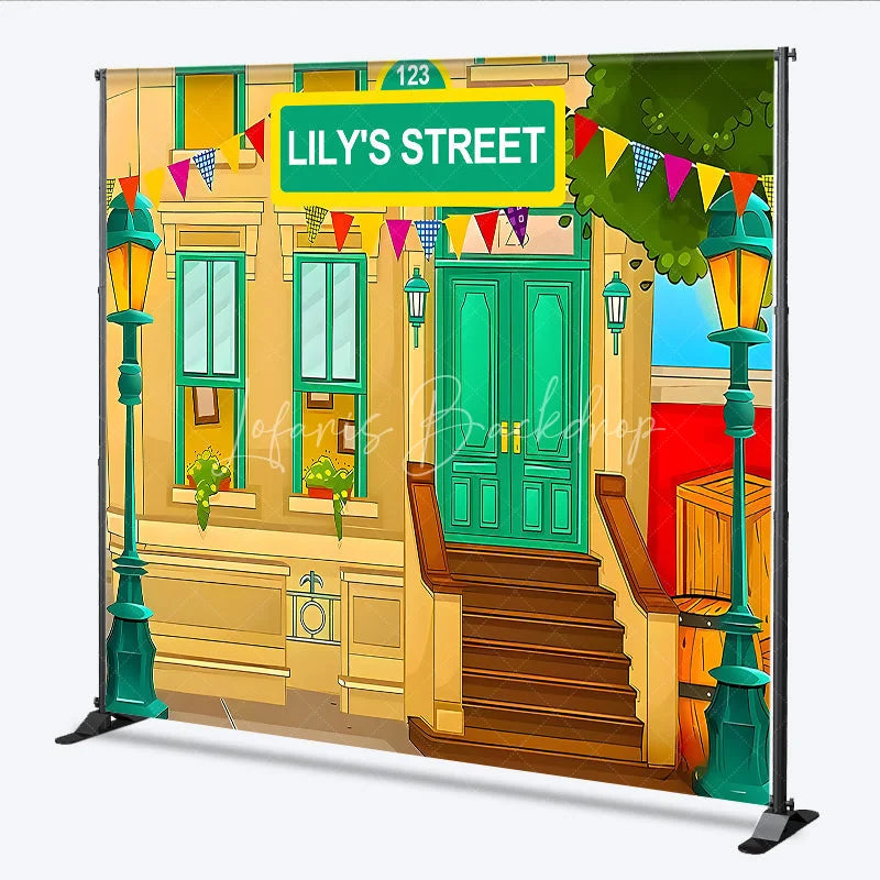 Lofaris Custom Birthday Backdrop Cartoon City Street Brownstone Building Green Sign Kids Prop