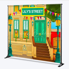 Lofaris Custom Birthday Backdrop Cartoon City Street Brownstone Building Green Sign Kids Prop