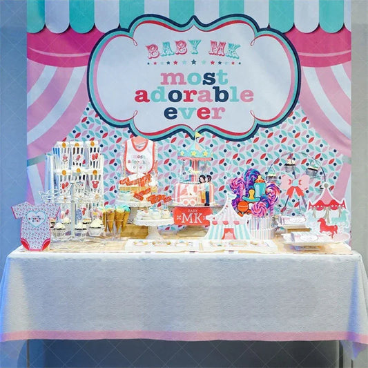 Lofaris Custom Birthday Backdrop Circus Carnival Tent Personalize Name Pastel Stripes Curtain Background Kids Party Decoration