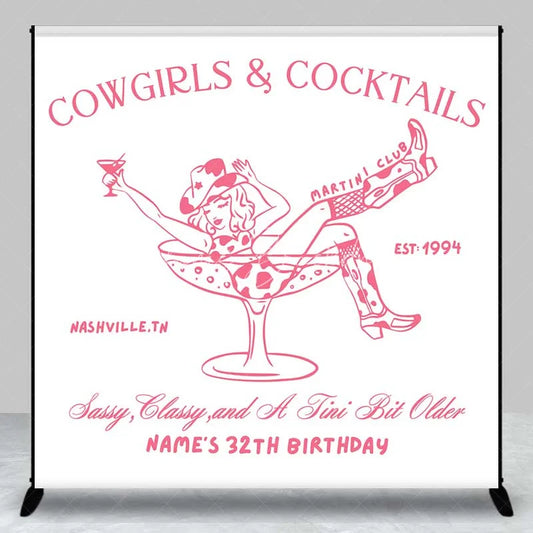 Lofaris Custom Birthday Backdrop Cowgirls and Cocktails Pink Line Art Western Boots Martini Personalized Background
