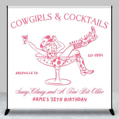 Lofaris Custom Birthday Backdrop Cowgirls and Cocktails Pink Line Art Western Boots Martini Personalized Background