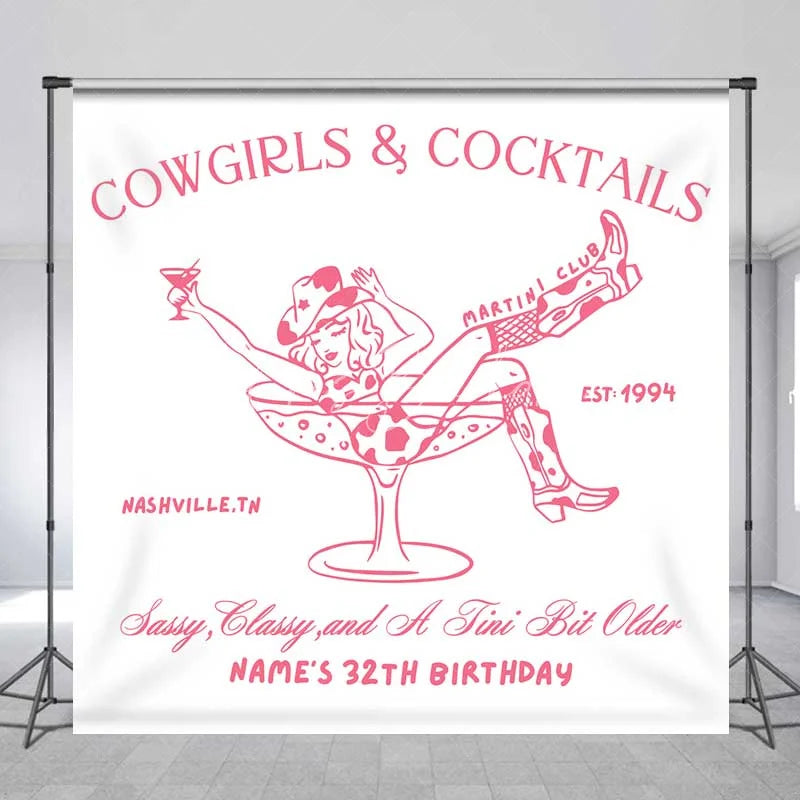 Lofaris Custom Birthday Backdrop Cowgirls and Cocktails Pink Line Art Western Boots Martini Personalized Background