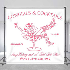 Lofaris Custom Birthday Backdrop Cowgirls and Cocktails Pink Line Art Western Boots Martini Personalized Background