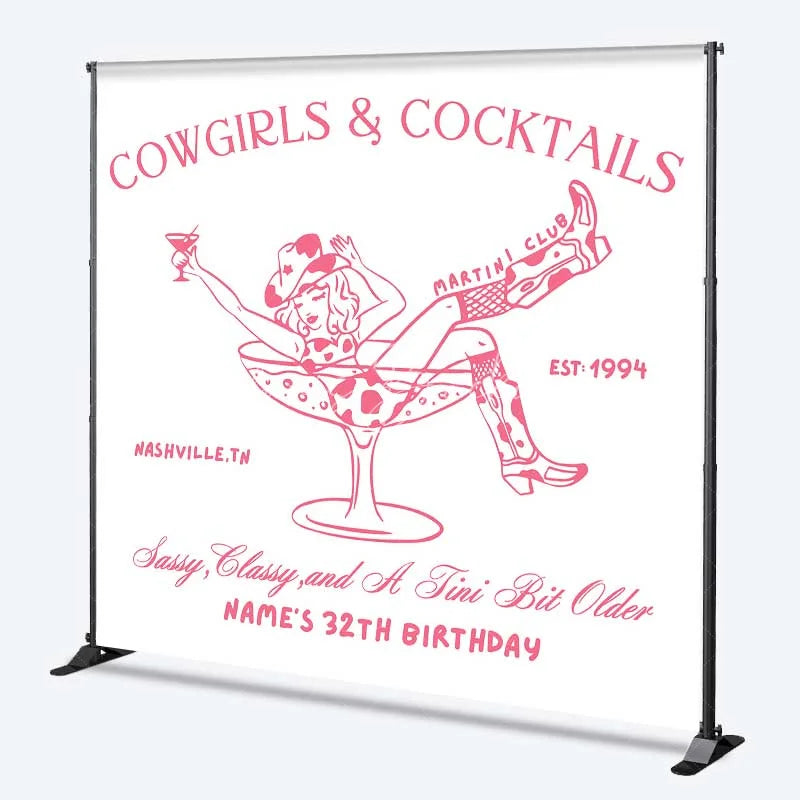 Lofaris Custom Birthday Backdrop Cowgirls and Cocktails Pink Line Art Western Boots Martini Personalized Background