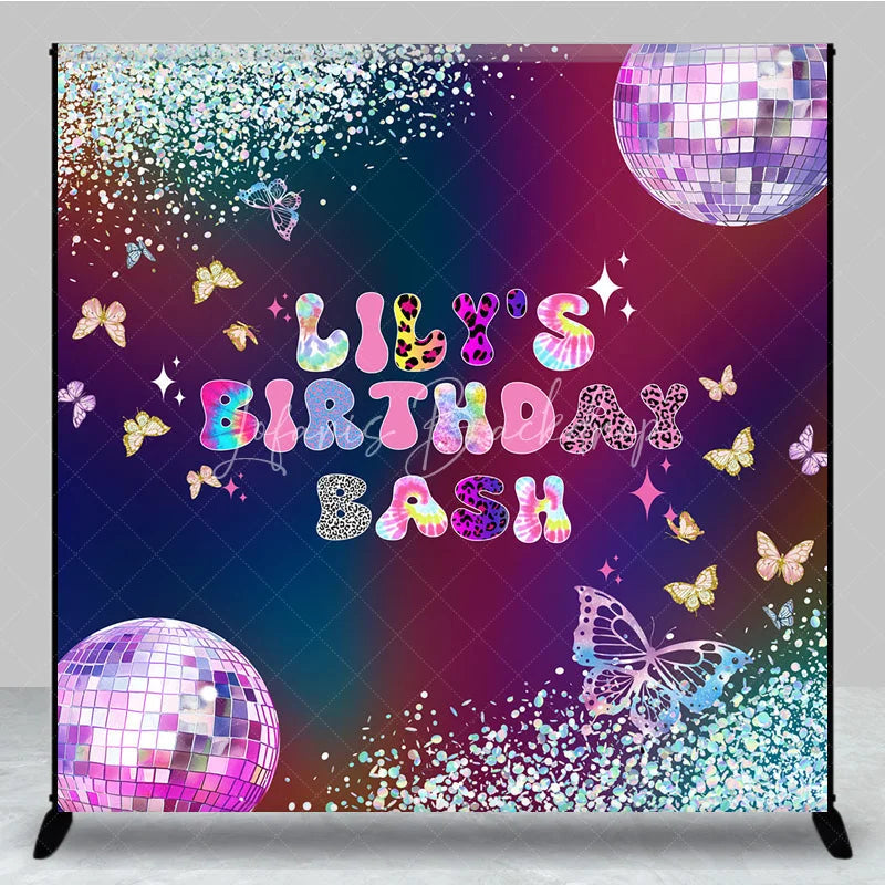 Lofaris Custom Birthday Backdrop Groovy Disco Ball Butterfly Tie Dye Neon Party Decoration