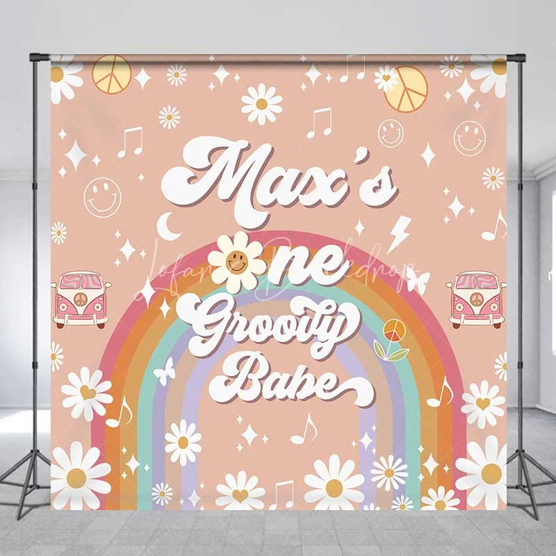 Lofaris Custom Birthday Backdrop One Groovy Babe Personalize Name Retro Daisy Flower Rainbow Background Girls 1st Bday Decor