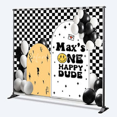 Lofaris Custom Birthday Backdrop One Happy Dude Personalize Name Retro Smiley Face Checkerboard Background 1st Bday Decor